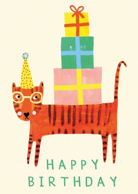 Cute Illustrated Ginger Cat And Presents Birthday Card